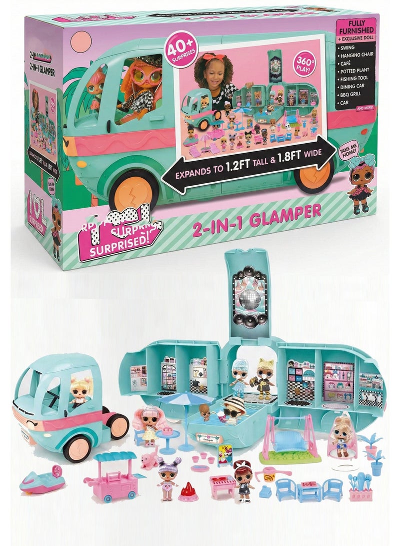 REZZOSS NEW LOL Surprise Glam N' Go Camper Playset – 4-in-1 Transforming Vehicle with 40+ Surprises & Exclusive Doll | Fully Furnished Glamping Car with Pool, Slide, BBQ & Bunk Beds | Large 360° Play Dollhouse Gift for Girls 4+ - Image 1